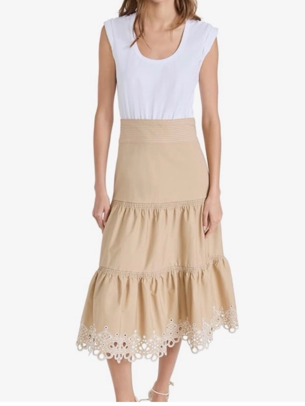 Veronica Beard AMAIA EYELET COTTON-BLEND MIDI-DRESS IN WHITE/LIGHT KHAKI
